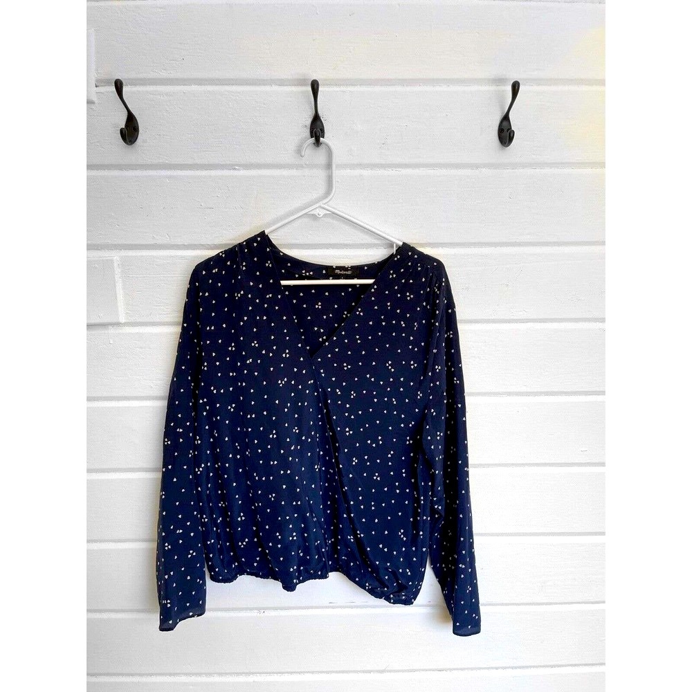 Madewell Womens Blouse Navy White Hearts 100% Silk V-Neck Long Sleeves Size L